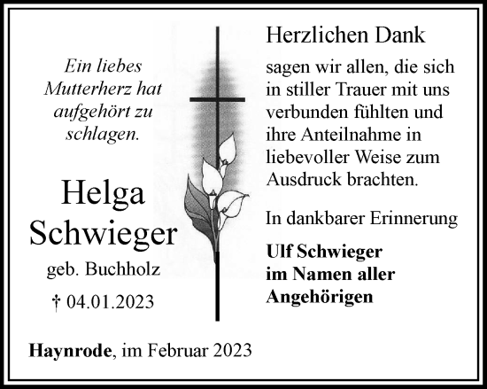 Traueranzeige von Helga Schwieger von Thüringer Allgemeine