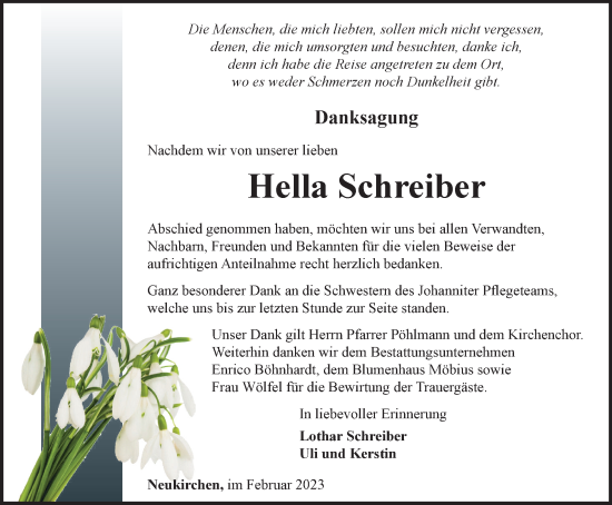 Traueranzeige von Hella Schreiber von Thüringer Allgemeine, Thüringische Landeszeitung