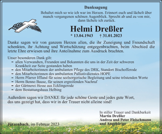 Traueranzeige von Helmi Dreßler von Thüringer Allgemeine