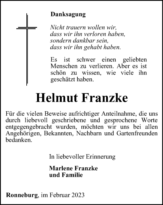 Traueranzeige von Helmut Franzke von Ostthüringer Zeitung