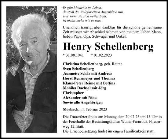 Traueranzeige von Henry Schellenberg von Thüringer Allgemeine, Thüringische Landeszeitung