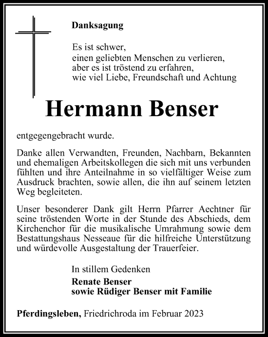 Traueranzeige von Hermann Benser von Thüringer Allgemeine, Thüringische Landeszeitung