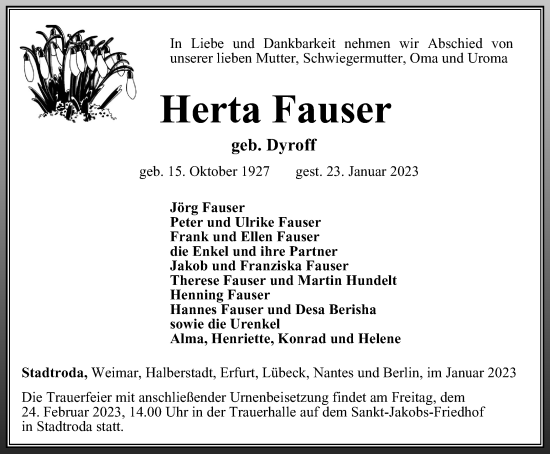 Traueranzeige von Herta Fauser von Ostthüringer Zeitung