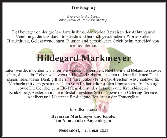 Traueranzeige von Hildegard Markmeyer von Thüringer Allgemeine