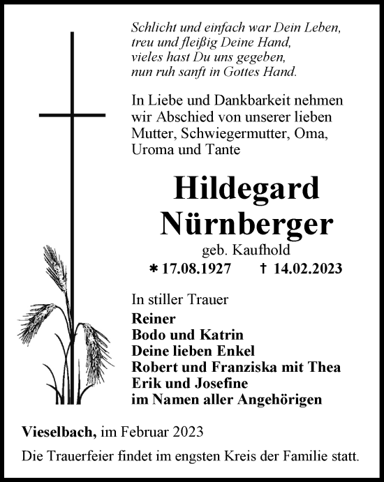 Traueranzeige von Hildegard Nürnberger von Thüringer Allgemeine, Thüringische Landeszeitung