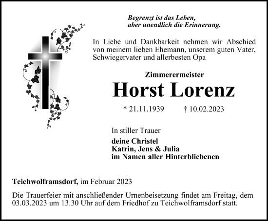 Traueranzeige von Horst Lorenz von Ostthüringer Zeitung