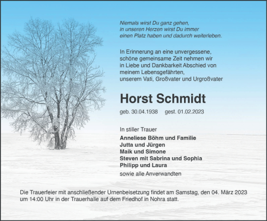 Traueranzeige von Horst Schmidt von Thüringer Allgemeine