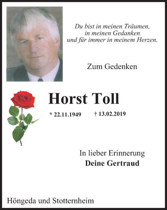 Traueranzeige von Horst Toll von Thüringer Allgemeine, Thüringische Landeszeitung
