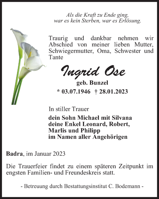 Traueranzeige von Ingrid Ose