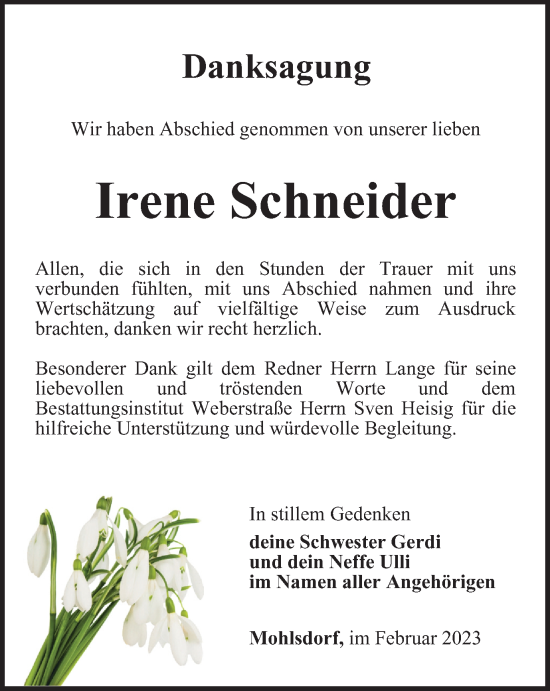 Traueranzeige von Irene Schneider von Ostthüringer Zeitung