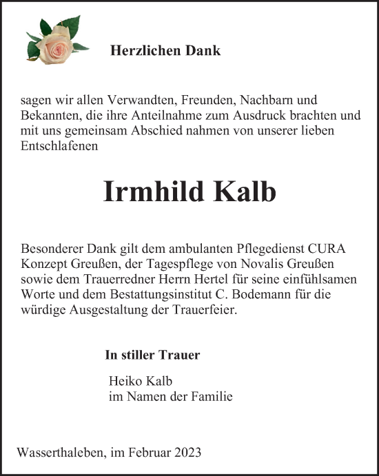 Traueranzeige von Irmhild Kalb von Thüringer Allgemeine