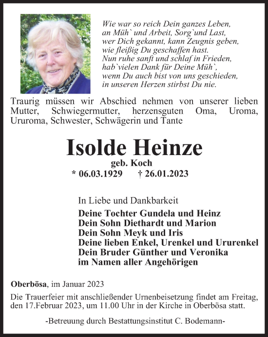 Traueranzeige von Isolde Heinze