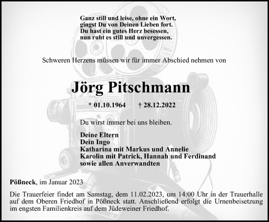 Traueranzeige von Jörg Pitschmann von Ostthüringer Zeitung