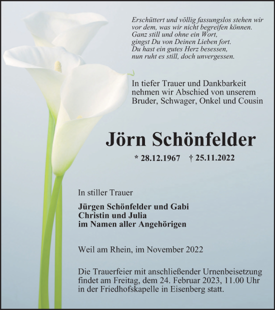 Traueranzeige von Jörn Schönfelder von Ostthüringer Zeitung