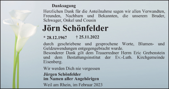 Traueranzeige von Jörn Schönfelder von Ostthüringer Zeitung
