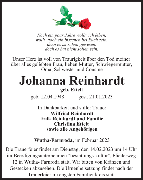 Traueranzeige von Johanna Reinhardt von Thüringer Allgemeine, Thüringische Landeszeitung