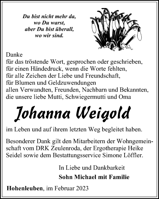 Traueranzeige von Johanna Weigold von Ostthüringer Zeitung