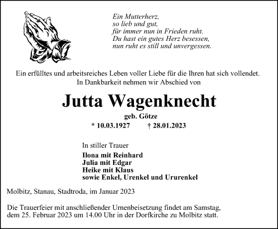 Traueranzeige von Jutta Wagenknecht