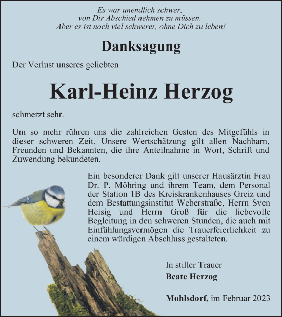 Traueranzeige von Karl-Heinz Herzog von Ostthüringer Zeitung