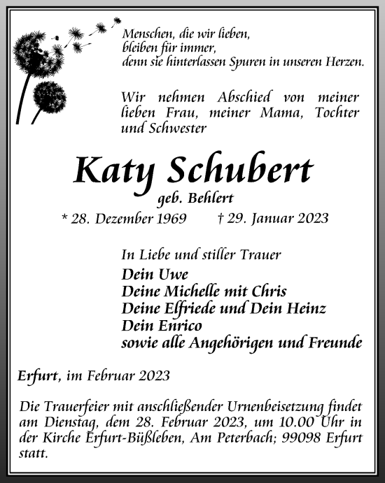 Traueranzeige von Katy Schubert von Thüringer Allgemeine, Thüringische Landeszeitung