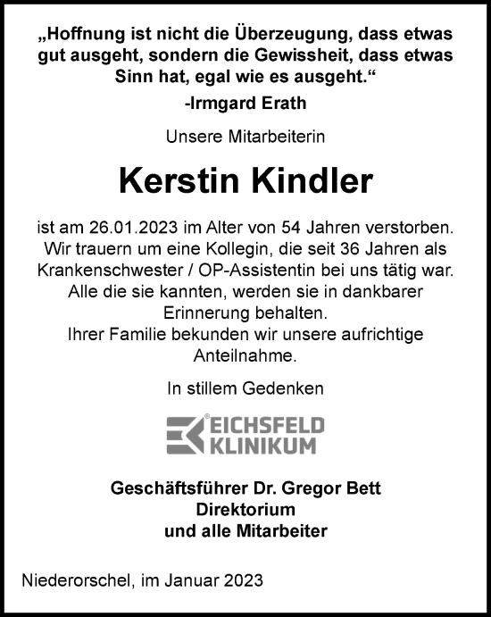 Traueranzeige von Kerstin Kindler von Thüringer Allgemeine