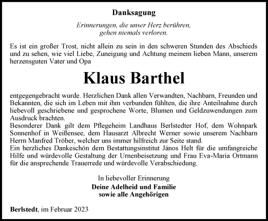 Traueranzeige von Klaus Barthel von Thüringer Allgemeine, Thüringische Landeszeitung