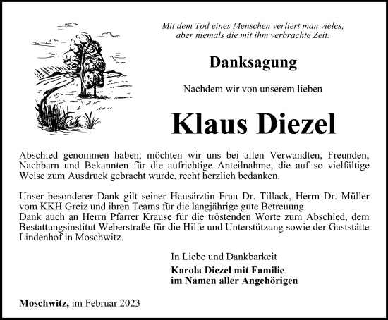 Traueranzeige von Klaus Diezel von Ostthüringer Zeitung