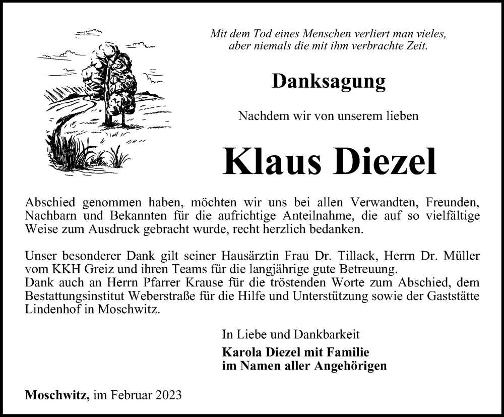  Traueranzeige für Klaus Diezel vom 17.02.2023 aus Ostthüringer Zeitung