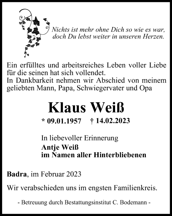 Traueranzeige von Klaus Weiß