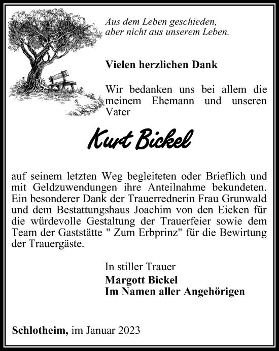 Traueranzeige von Kurt Bickel von Thüringer Allgemeine, Thüringische Landeszeitung