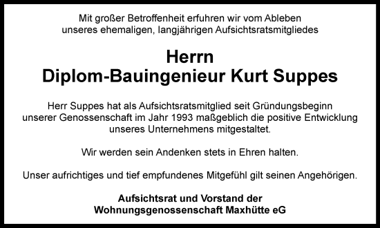 Traueranzeige von Kurt Wilhelm Suppes von Ostthüringer Zeitung