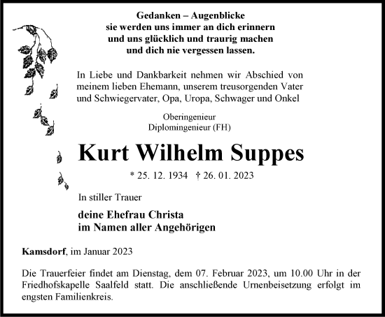 Traueranzeige von Kurt Wilhelm Suppes von Ostthüringer Zeitung