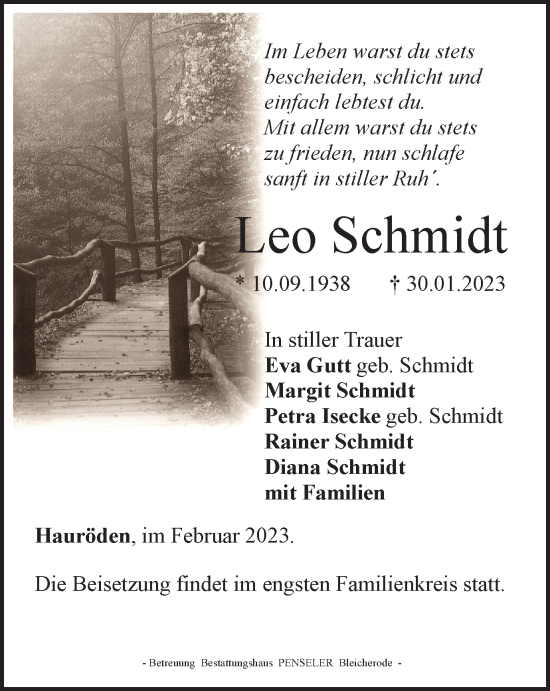 Traueranzeige von Leo Schmidt von Thüringer Allgemeine