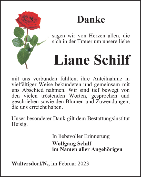 Traueranzeige von Liane Schilf von Ostthüringer Zeitung