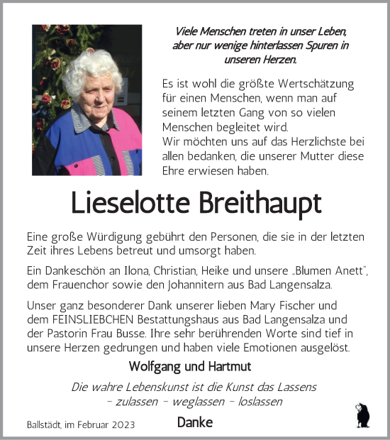 Traueranzeige von Lieselotte Breithaupt von Thüringer Allgemeine, Thüringische Landeszeitung