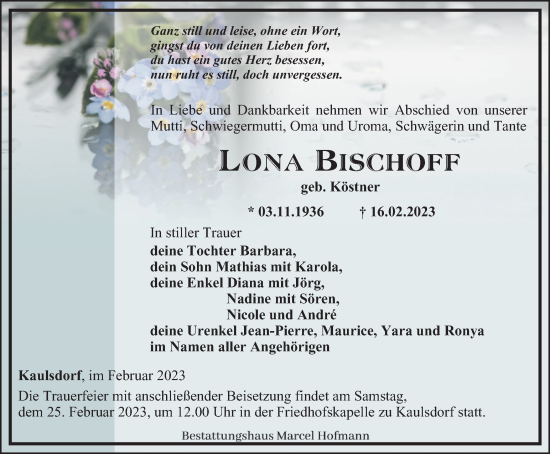 Traueranzeige von Lona Bischoff