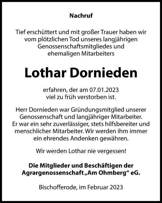 Traueranzeige von Lothar Dornieden von Thüringer Allgemeine