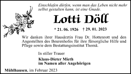 Traueranzeige von Lotti Döll von Thüringer Allgemeine, Thüringische Landeszeitung