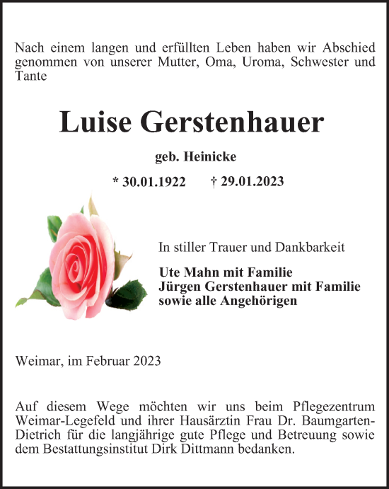 Traueranzeige von Luise Gerstenhauer von Thüringer Allgemeine, Thüringische Landeszeitung