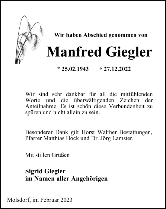 Traueranzeige von Manfred Giegler