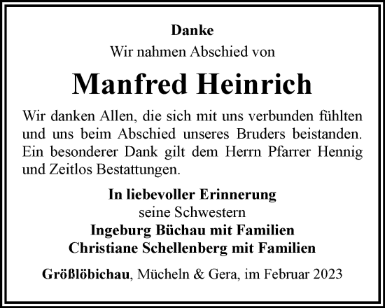 Traueranzeige von Manfred Heinrich von Ostthüringer Zeitung, Thüringische Landeszeitung