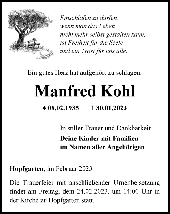 Traueranzeige von Manfred Kohl von Thüringer Allgemeine, Thüringische Landeszeitung