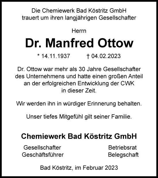 Traueranzeige von Manfred Ottow von Ostthüringer Zeitung