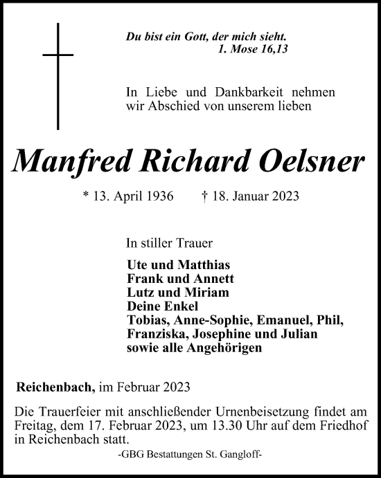 Traueranzeige von Manfred Richard Oelsner von Ostthüringer Zeitung