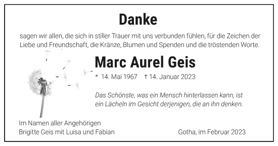 Traueranzeige von Marc Aurel Geis von Thüringer Allgemeine, Thüringische Landeszeitung