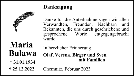 Traueranzeige von Maria Bulawa von Thüringer Allgemeine, Thüringische Landeszeitung