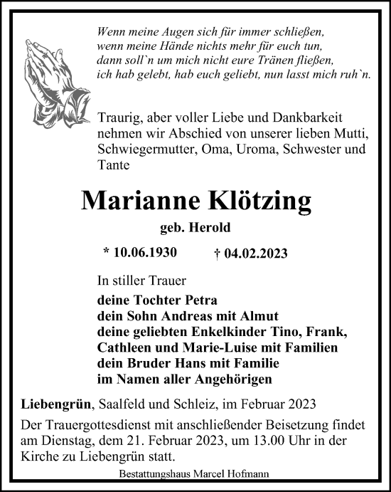 Traueranzeige von Marianne Klötzing