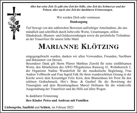 Traueranzeige von Marianne Klötzing