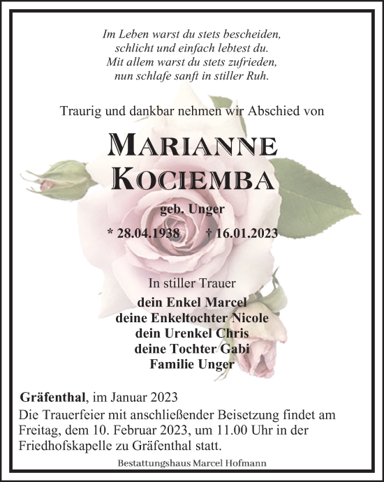 Traueranzeige von Marianne Kociemba