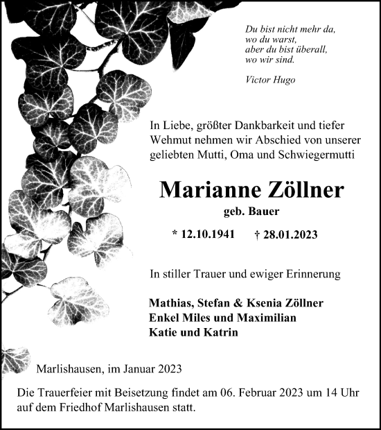 Traueranzeige von Marianne Zöllner von Thüringer Allgemeine